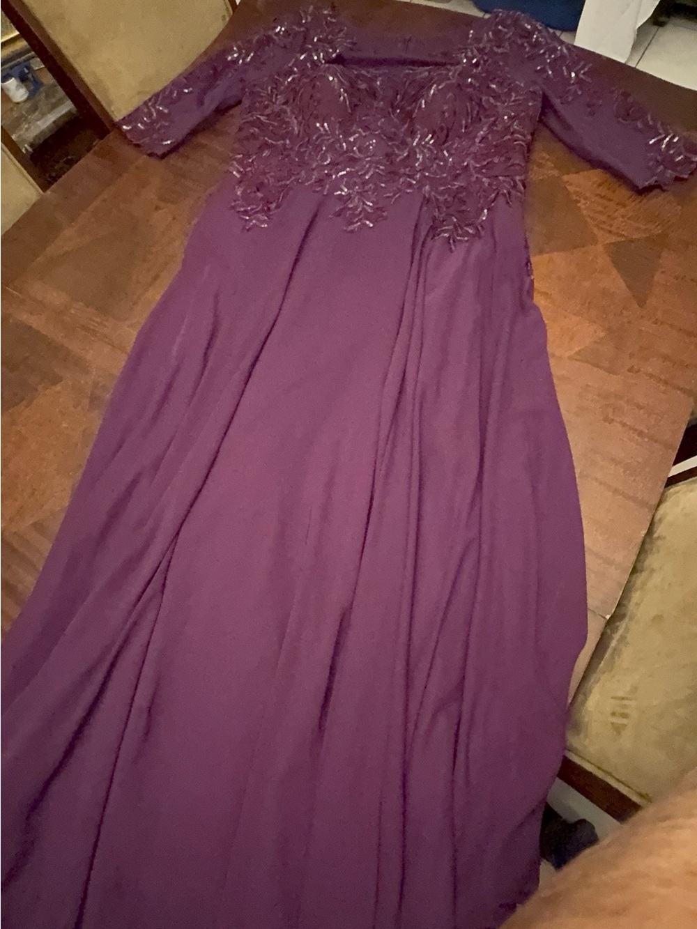 JJs House Plum Long Sleeve Embroidered Evening Gown